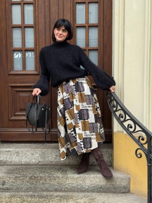 Brązowa Spódnica Bawełniana midi w geometryczny wzór Matilde Brown&Story