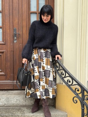 Brązowa Spódnica Bawełniana midi w geometryczny wzór Matilde Brown&Story