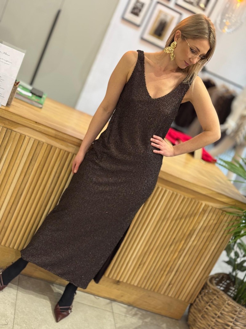 Miniatura produktu Brązowa Długa Sukienka z cekinami i głęboko odkrytymi plecami Fever Cottage