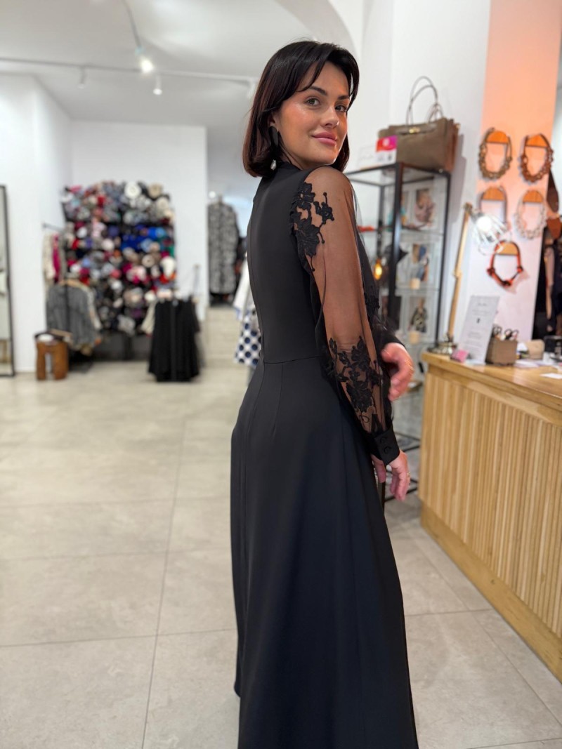 Miniatura produktu Czarna Sukienka Maxi z bufiastymi, koronkowymi rękawami Diva Black&Koronka