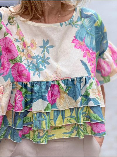 Bluzka na krótki rękaw z falbanami Fleur Tropico