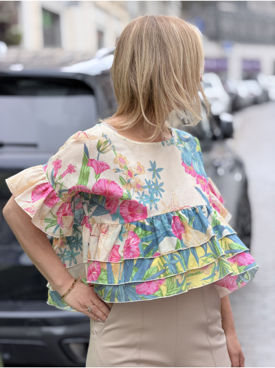 Bluzka na krótki rękaw z falbanami Fleur Tropico