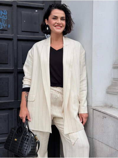 Jasny Żakiet oversize w czarny prążek z lnem Cassie White&Black