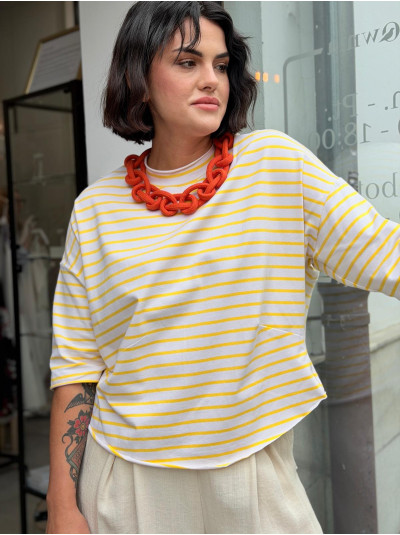 Bluza bawełniana asymetryczna w żółto-białe paski Ivonne Yellow&White