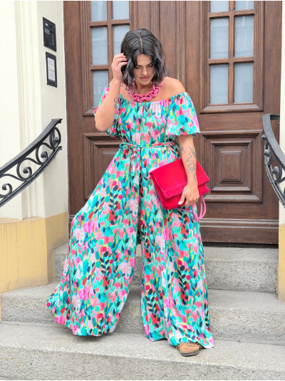 Wzorzysty Wiskozowy Kombinezon z szeroką nogawką i hiszpańskim dekoltem Spain Multicolor
