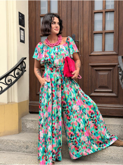 Wzorzysty Wiskozowy Kombinezon z szeroką nogawką i hiszpańskim dekoltem Spain Multicolor