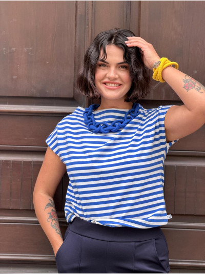 Bawełniany T-shirt w niebiesko-białe paski Cleo Blue&White