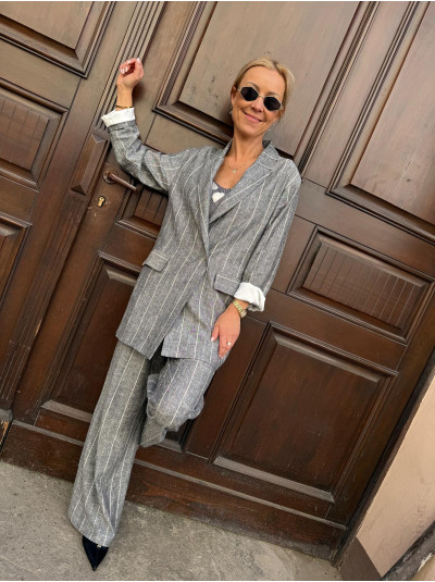 Lniane Spodnie w kolorze szaro-czarnym z szerokimi nogawkami Caroline Len&Melange