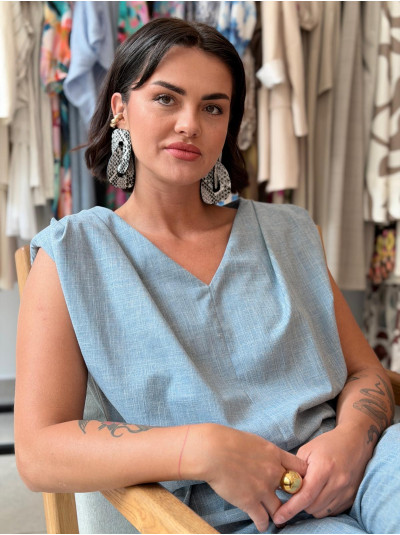 Dwustronna niebieska Bluzka bez rękawów Blues Len&Wool Blue