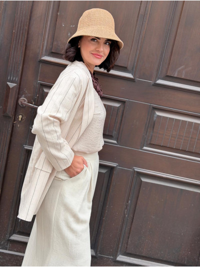 Jasny Żakiet oversize w prążek z lnem Cassie Beige&Lines