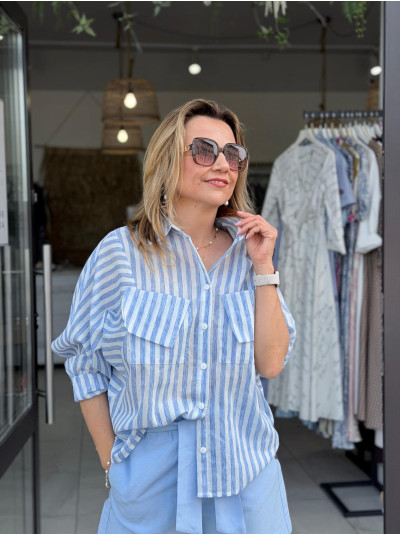 Niebiesko-Biała Bawełniana Koszula z lnem z klapami Alessandro Lines