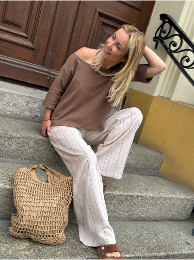Beżowy Bawełniany T-shirt asymetryczny z rękawem 3/4 Pure Camel