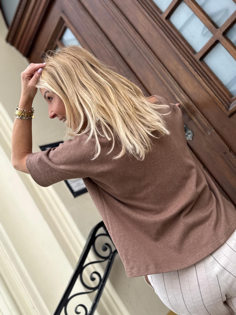 Miniatura produktu Beżowy Bawełniany T-shirt asymetryczny z rękawem 3/4 Pure Camel