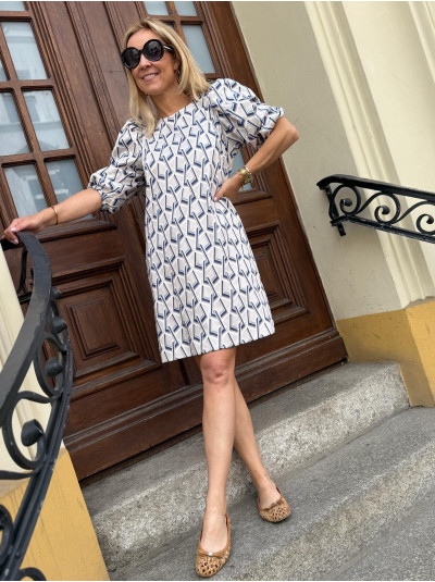 Wzorzysta Sukienka Mini z bufiastymi rękawami i geometrycznym wzorem Marie Geo