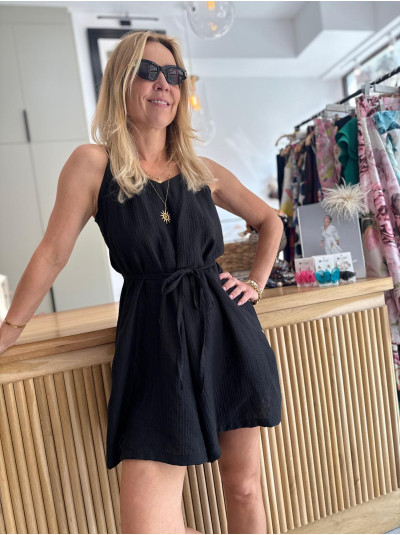 Czarny Krótki Kombinezon na ramiączkach odkrywający plecy Short Bali Lyocell&Black