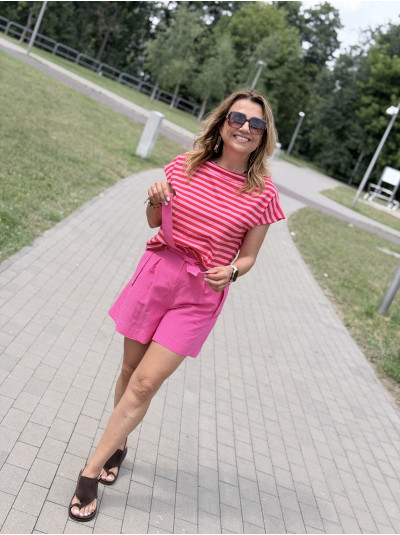 Lniane Różowe Spodenki szorty damskie z wysokim stanem i paskiem w talii Paris Len&Pink