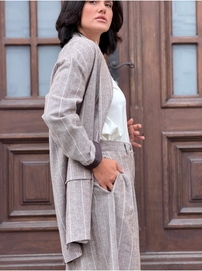 Żakiet oversize w prążek z lnem Cassie Cappuccino&Lines
