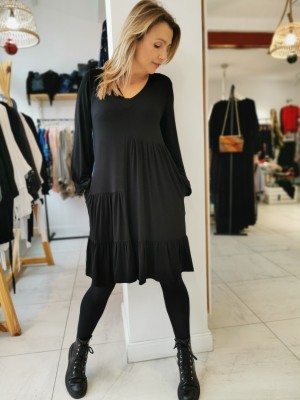 Czarna Sukienka Wiskozowa mini z falbanami i marszczeniami Harissa Black
