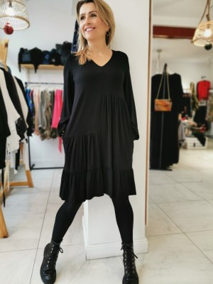 Czarna Sukienka Wiskozowa mini z falbanami i marszczeniami Harissa Black